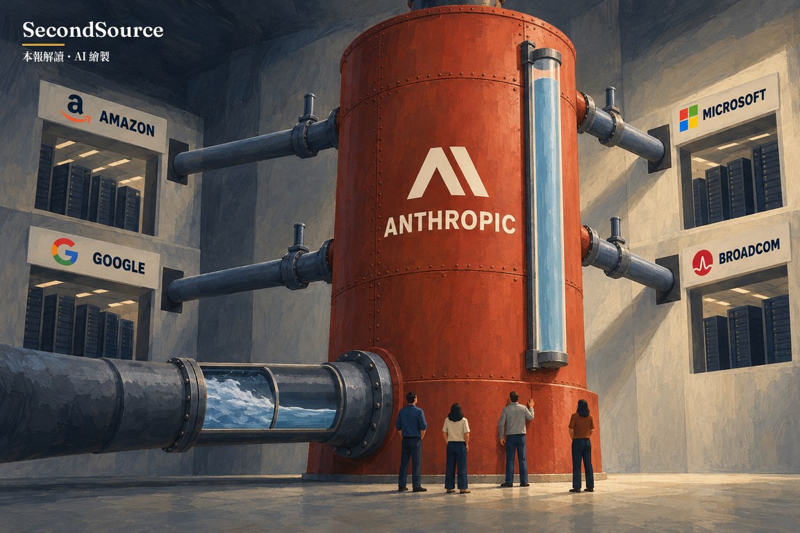 一座標著 Anthropic 的高大水槽,進水管的水時多時少;四根出水管的閥門都沒有把手,水穩定流向 Amazon、Google、Microsoft 與 Broadcom 的機房,幾個小小的人站在槽腳仰望水位。