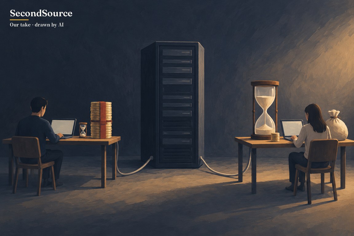 Gouache painting: one GPU server rack in a dim room with cables running to two desks; beside the renter on the left stand a tiny hourglass and a tall coin stack bound with a red band, beside the renter on the right a large hourglass, a short coin stack and a money sack already set down.