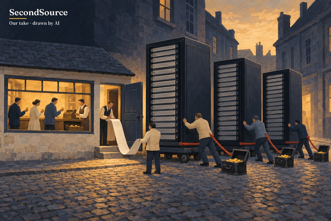 A small lit shop where customers hand over coins one at a time; beside it three workers push in three server racks, each tied by a red rope to its own supplier's ledger.
