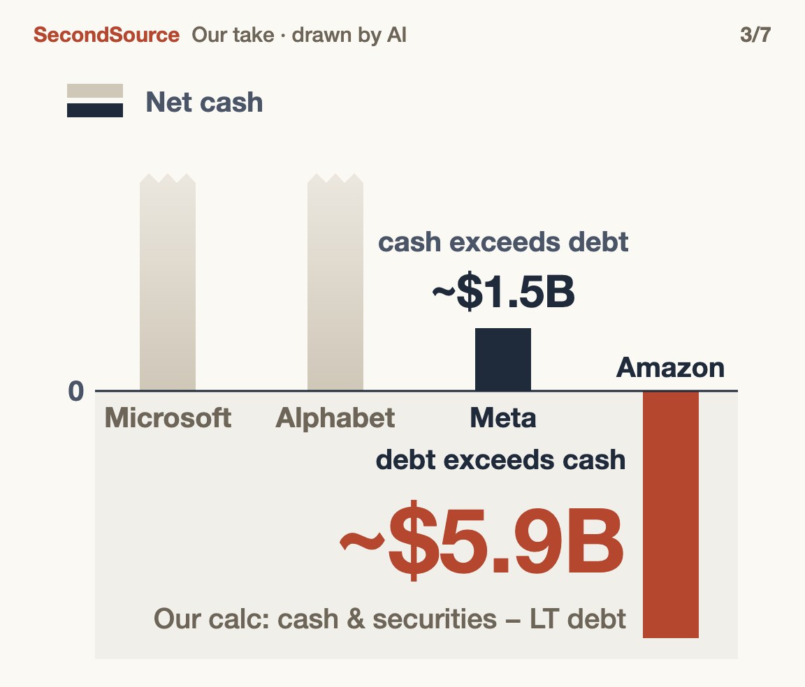The cloud giants' cushion is thinning: Meta's cash barely tops its debt, Amazon's debt tops its cash(~$5.9B)
