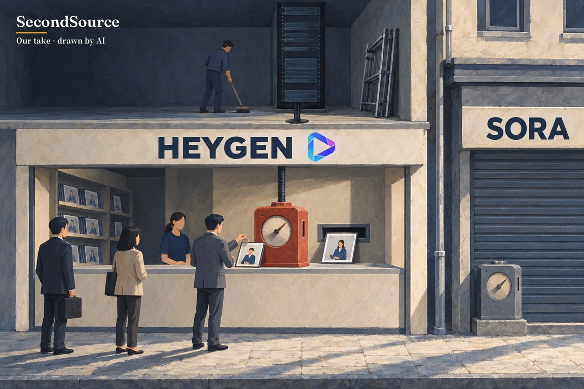 A two-storey shop with its front wall cut away: upstairs a server rack built up to touch the ceiling stands finished beside folded scaffolding, its cable runs down to a meter on the HeyGen counter where queuing customers drop in coins and take away short clips of a speaking figure, and next door the SORA shop has its shutter down.