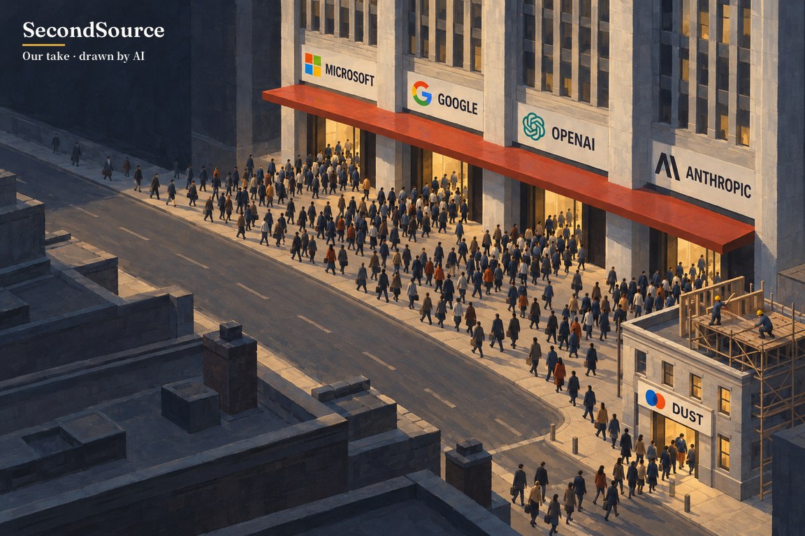 Seen from above, a crowd of office workers streams up a broad avenue into the entrances of a row of tall Microsoft, Google, OpenAI and Anthropic buildings, while down a side street a smaller Dust building, adding a storey on its roof, has its own line of people going in.