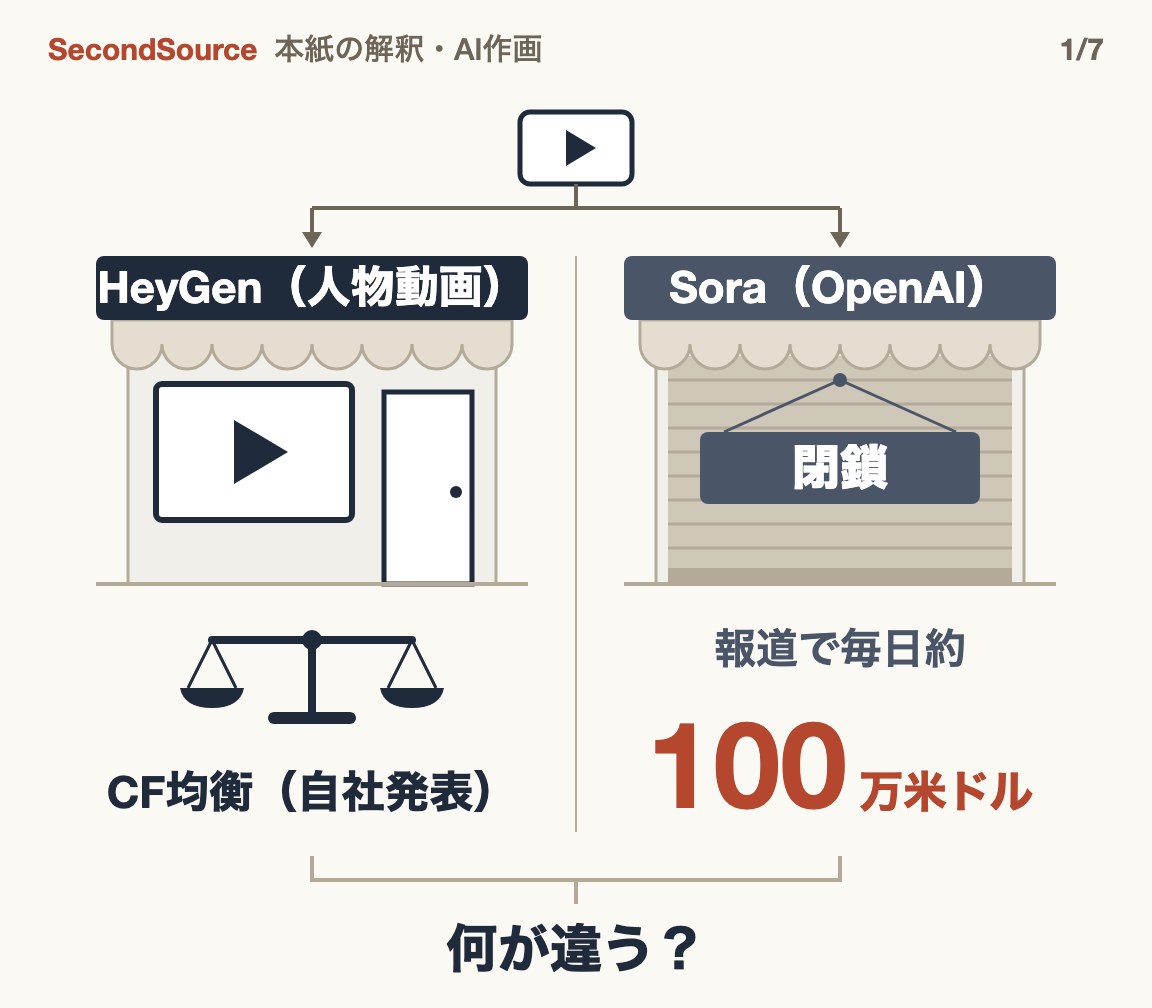 同じAI動画でも、HeyGenは収支均衡を自社発表、Soraは毎日約100万米ドルを使い閉鎖(100)