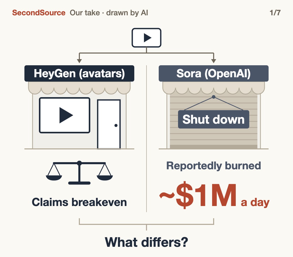 Same business, opposite fates: HeyGen says it broke even; Sora reportedly burned ~$1M a day and shut down(~$1M)