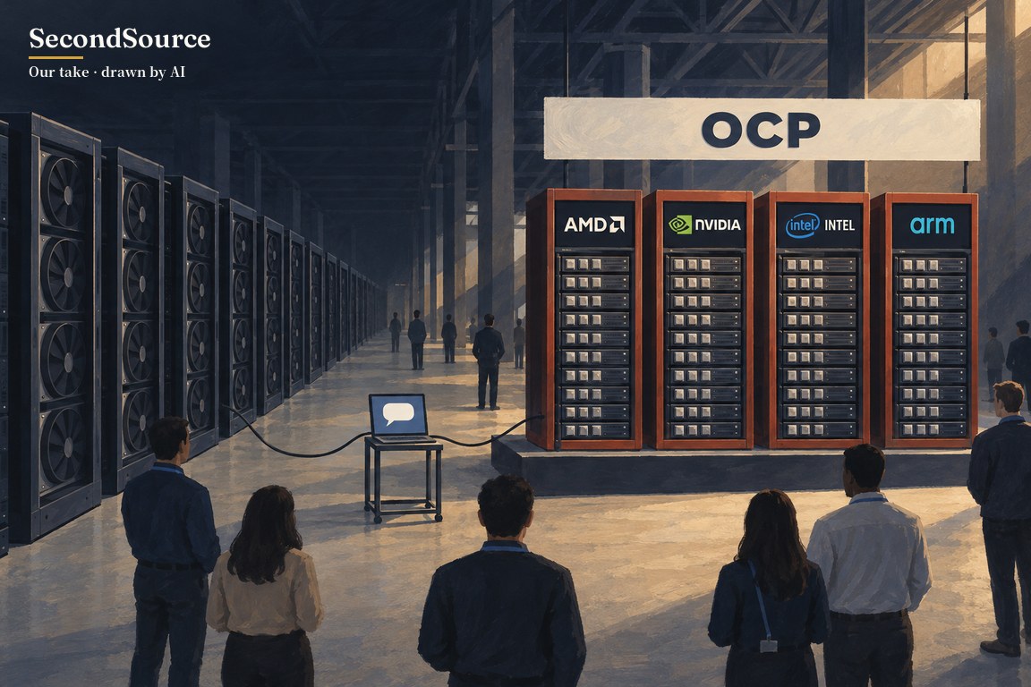 In a data-centre hall, four CPU-only racks labelled AMD, NVIDIA, Intel and Arm stand on an OCP stage, apart from a long row of GPU racks on the left; a laptop in the aisle has one cable to each side.