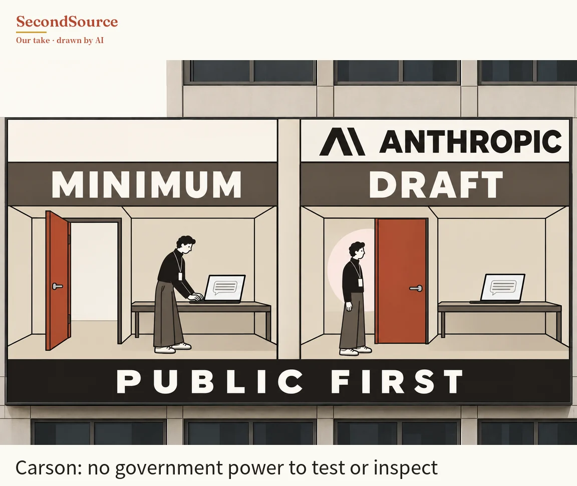 Concept illustration: a large sign on a building facade with rows of dark windows above and below it is split into two side-by-side cutaway rooms; the left room has a blank plate and then a dark band lettered MINIMUM above it, the right room has a plate lettered ANTHROPIC beside a black angular mark and then a dark band lettered DRAFT, and a black band lettered PUBLIC FIRST runs beneath both rooms. In the left room a figure wearing a lanyard badge leans over a long table, typing on a laptop whose screen shows a speech bubble, next to an orange-red door standing open onto a bright white doorway; in the right room a figure in the same dark top, lanyard badge and wide trousers stands facing a closed orange-red door with a pale pink circle behind their head, and a laptop showing a speech bubble sits on a long table to the right.
