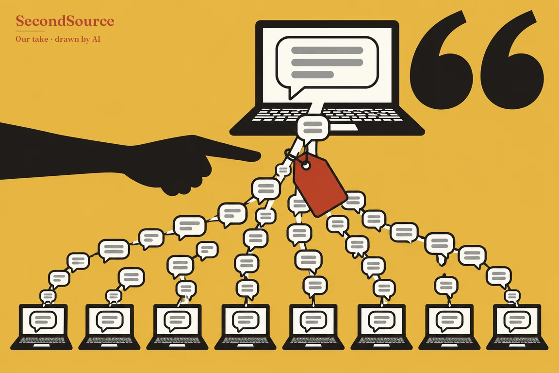 Concept illustration on a mustard-yellow background: at top centre a large black laptop shows a white speech bubble with grey lines, a big black opening quotation mark sits to its right, and a black silhouetted hand reaches in from the left, pointing toward a red tag hanging on a string just below the laptop. From beneath the laptop, eight branching chains of small speech bubbles linked by thin lines fan out down to a row of eight smaller laptops along the bottom, each screen also showing a speech bubble with grey lines.