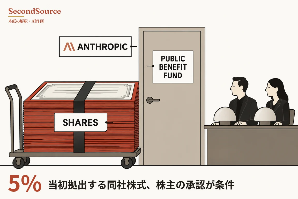 コンセプトイラストで、左側では背の高い取っ手が付いた平台車に赤茶色の紙の束が高く積まれ、いちばん上に飾り枠のある淡い色の紙が載り、束は黒い帯で縦に留められて「SHARES」と書かれたラベルが付いている。その上の壁には「ANTHROPIC」と書かれた看板があり、文字の左に赤茶色の小さなマーク、看板の右からドアの方へ短い線が伸びている。中央には「PUBLIC BENEFIT FUND」と書かれた札の付いた閉じたドアがあり、右側では濃い色の上着を着た短髪の人と長髪の人が灰褐色の机に向かって座って左を向き、それぞれの前に短い台に載った大きな淡い色のドーム形の物が置かれている。