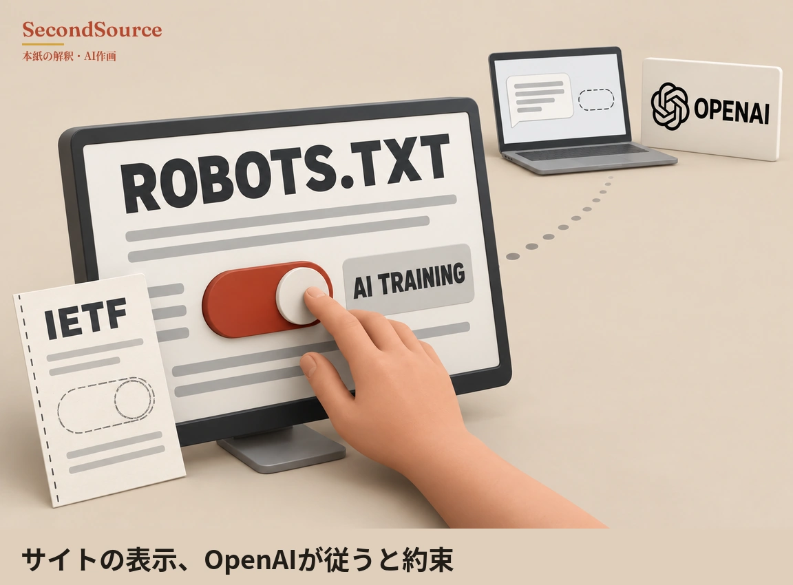 コンセプトイラスト:中央やや左のモニターに大きく ROBOTS.TXT と表示され、その下に灰色の線と、白いつまみが右端にある赤いスライドスイッチ、AI TRAINING と書かれたラベルが並び、右下から伸びた手が人差し指でつまみを押さえている。モニターの左手前には IETF と書かれた紙が立ち、灰色の線と破線で描かれたスイッチの輪郭がある。モニターの右側から点線が右上へ延びて奥のノートパソコンに向かい、その画面には灰色の線が入った吹き出しと破線の楕円枠があり、パソコンの右後ろには OPENAI の文字と黒い編み目状の図柄がある白いプレートが立っている。