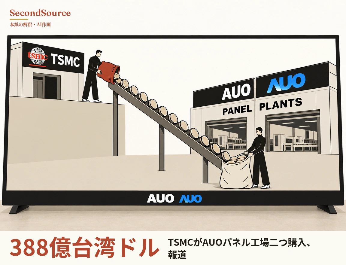 コンセプトイラスト。下枠に「AUO AUO」と書かれた薄型ディスプレイの画面内の場面で、左側では「tsmc TSMC」の看板がある建物脇の高台に立つ人物が、赤い袋からベージュの円盤を支柱付きの傾斜したシュートへ流し込んでいる。円盤は右下へ転がり、「AUO AUO」「PANEL PLANTS」と書かれた建物の前でもう一人が大きな淡色の袋を広げて受けており、建物の開いた二つの出入口の奥には機械設備が見える。