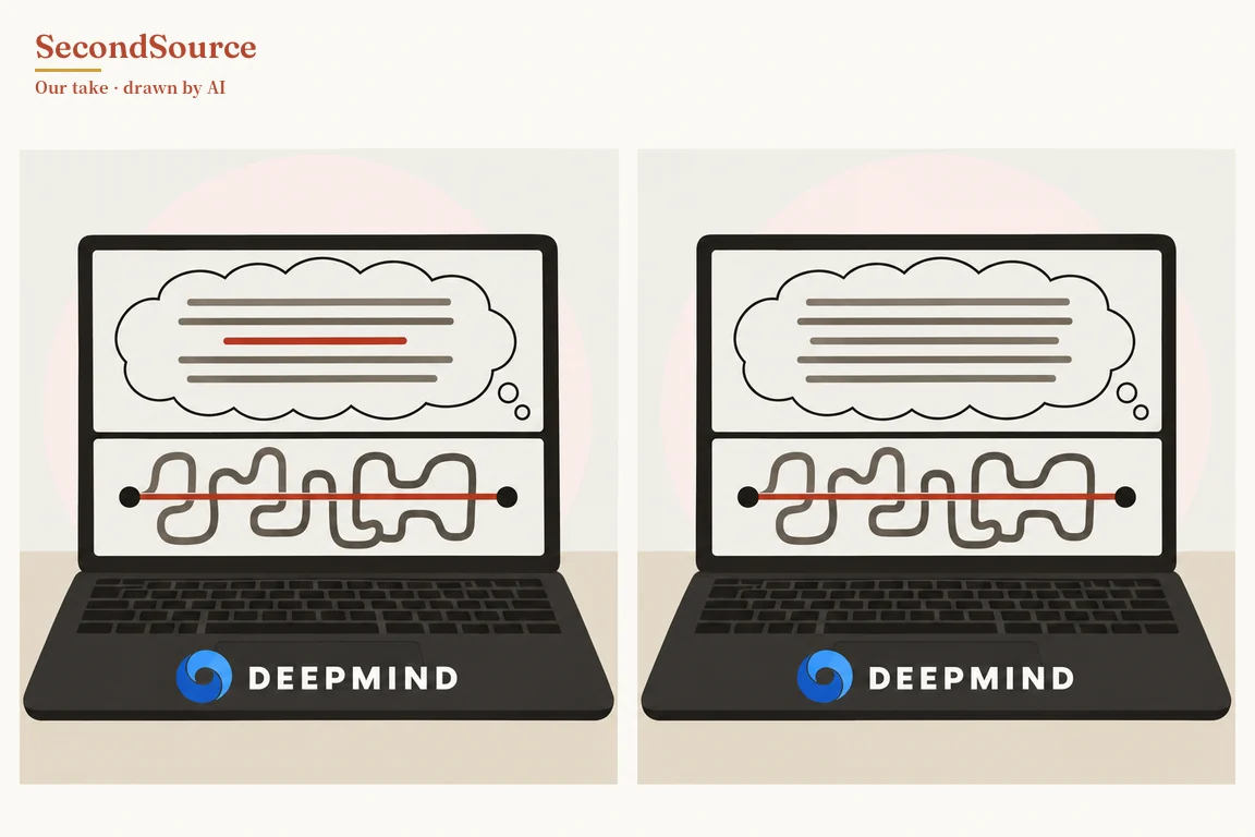 Concept illustration of two dark laptops side by side, each lettered DEEPMIND in white next to a blue swirl emblem below the keyboard; on each screen, the upper part shows a thought bubble filled with horizontal grey lines and the lower part shows two black dots joined by a straight red line, with a grey winding path looping back and forth between them. The difference between them is that the left thought bubble has one red line among its grey lines, while the right one has only grey lines.