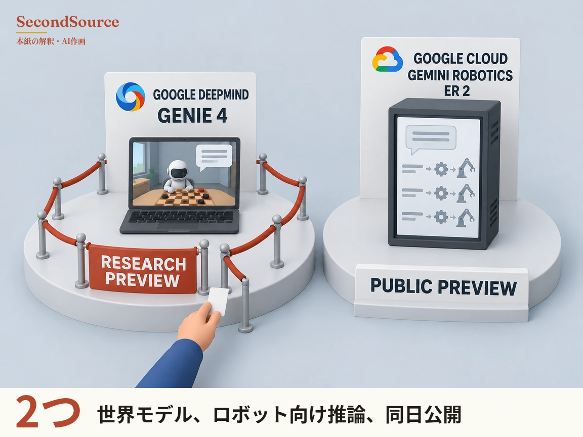 概念イラスト：白い円形の台が二つ並び、左の台では銀色の支柱と赤いロープに囲まれたノートパソコンの画面に、濃淡の駒が並ぶ市松模様の盤の前の白いロボットと吹き出しが映り、背後には丸い多色のアイコンと「GOOGLE DEEPMIND GENIE 4」の文字の看板、ロープには「RESEARCH PREVIEW」と書かれた赤い垂れ幕が掛かり、青い袖の手が画面下から白いカードを持ってロープの方へ伸びている。右の台では、吹き出しと線・矢印・歯車・ロボットアームのアイコン三列を映す画面を備えた濃い色の箱型装置が、多色の雲形アイコンと「GOOGLE CLOUD GEMINI ROBOTICS ER 2」の文字の看板の前に立ち、手前には「PUBLIC PREVIEW」と書かれたプレートがある。