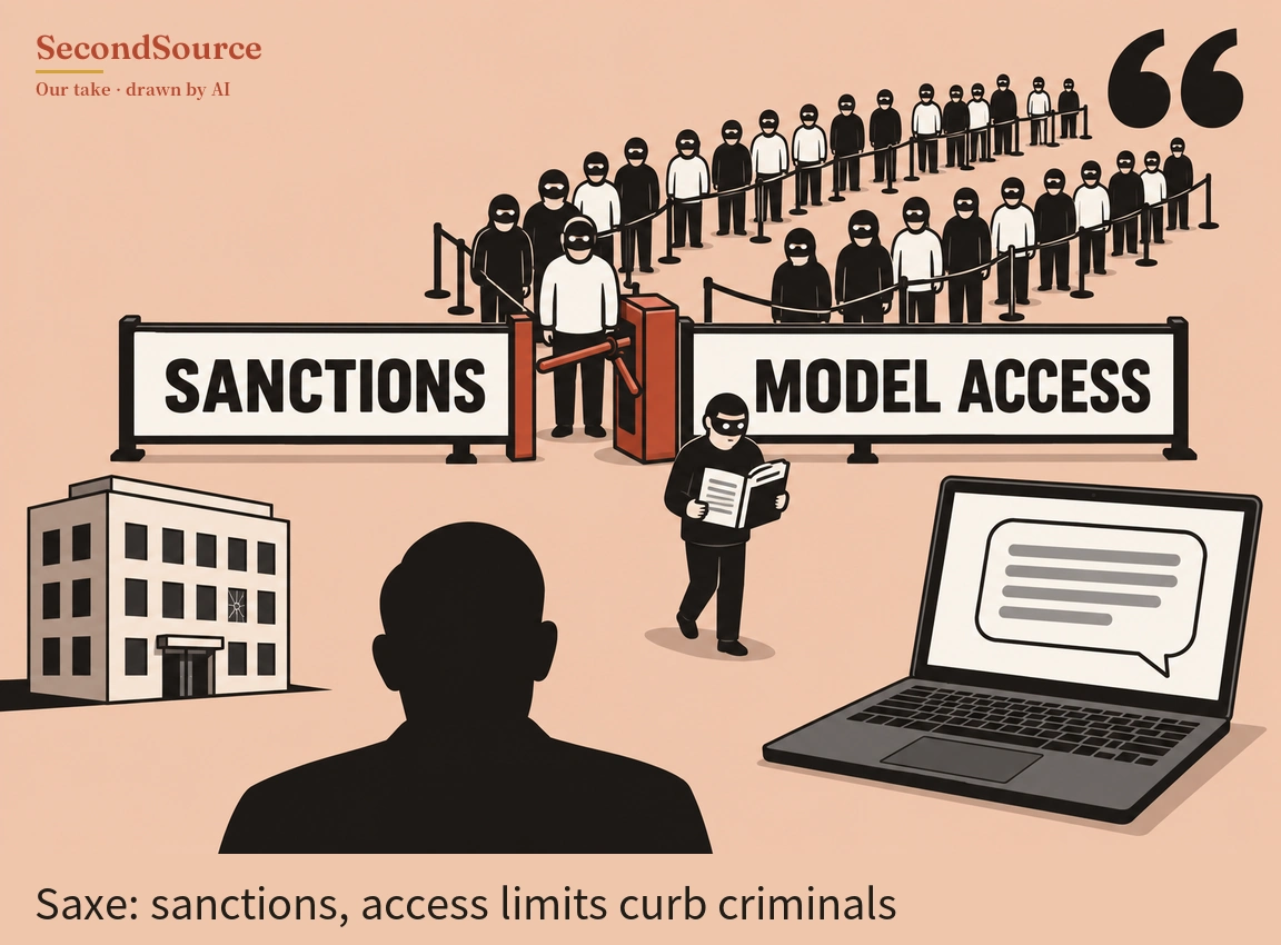 Concept illustration on a peach background: a long, winding queue of figures in black eye masks stands along rope barriers and leads to a red turnstile between two barrier panels lettered SANCTIONS and MODEL ACCESS, and one masked figure who has passed the turnstile walks forward reading an open booklet. At the bottom centre is the dark silhouette of a person's head and shoulders, with a multi-storey building with one cracked window on the left, an open laptop whose screen shows a speech bubble with lines on the right, and a large black quotation mark in the top-right corner.