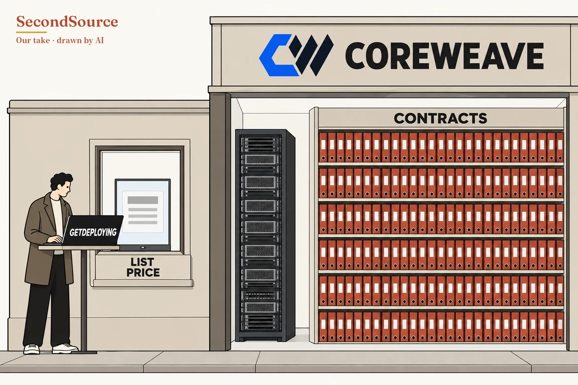 Concept illustration: on the left, a person in a long brown coat stands at a tall counter in front of a small window in a low beige wall, typing on a laptop lettered GETDEPLOYING; the window shows a screen with grey lines, and a sign below it reads LIST PRICE. On the right, the adjoining larger storefront has a sign lettered COREWEAVE beside a blue-and-black geometric emblem, and its open front shows a tall black server rack next to rows of shelves packed with red binders under a label reading CONTRACTS.