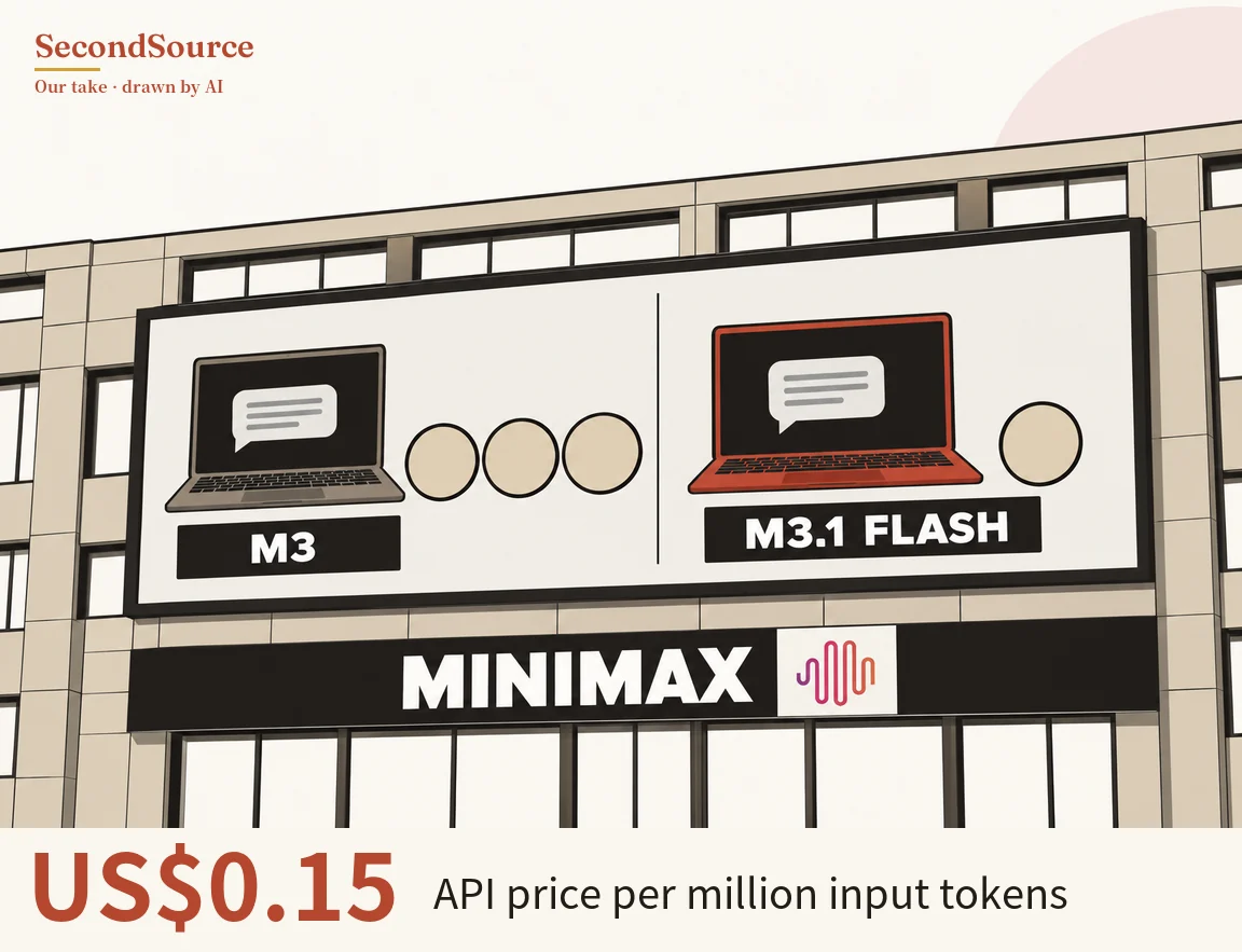 Concept illustration: a large billboard hangs on a beige grid-panelled building with rows of windows, split down the middle by a thin vertical line; on the left a grey-brown laptop with a speech bubble on its screen sits beside three beige circles above a black label reading "M3", and on the right a red laptop with the same speech bubble sits beside one beige circle above a black label reading "M3.1 FLASH". Below the billboard runs a black sign lettered "MINIMAX" with a white square at its right end holding a wavy red-to-purple line graphic, large windows sit beneath the sign, and a pale pink circle shows in the sky at the top right.