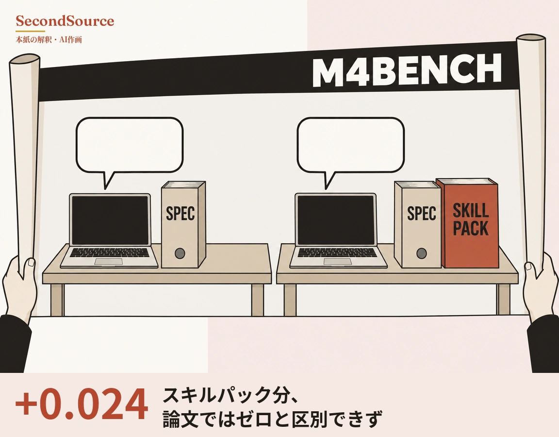 コンセプトイラスト:両手が両端の巻かれた巻物を広げて持ち、上部の黒い帯に M4BENCH と書かれている。巻物には机が2台並び、どちらの机にも画面が黒い開いたノートパソコンがあり、その上に空の吹き出しが浮かんでいる。左の机ではパソコンの横に SPEC と書かれたベージュの箱が立ち、右の机ではパソコンの横に SPEC と書かれたベージュの箱と、それより大きく SKILL PACK と書かれた赤い箱が並んでいる。