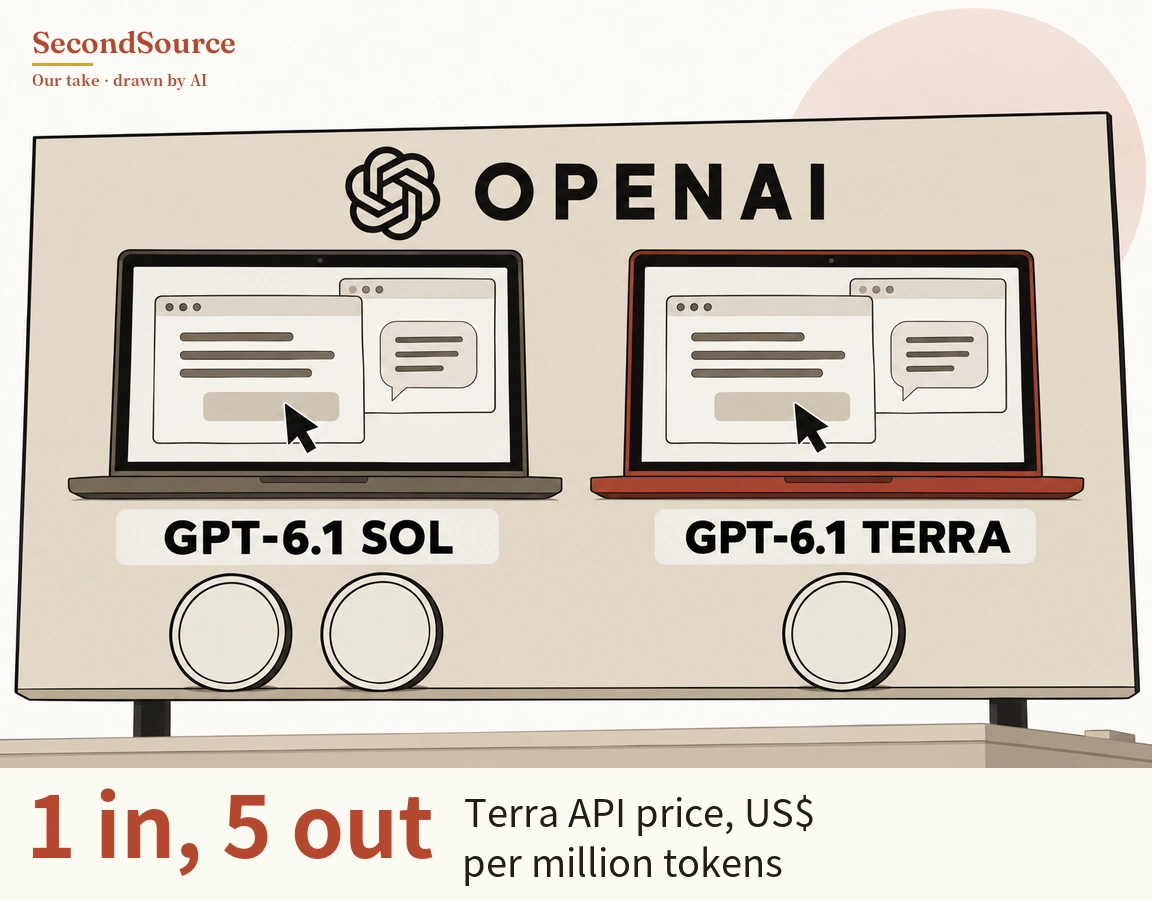 Concept illustration: a large billboard on posts above a rooftop is lettered OPENAI in black beside an interlaced knot-shaped symbol, with a pale pink circle behind its top-right corner. On it, two open laptops sit side by side, a dark grey one on the left labelled GPT-6.1 SOL and a red one on the right labelled GPT-6.1 TERRA; each screen shows two overlapping windows, one with grey text lines and a button with a mouse pointer on it and one with a speech bubble, and there are two blank round discs below the left label and one below the right.