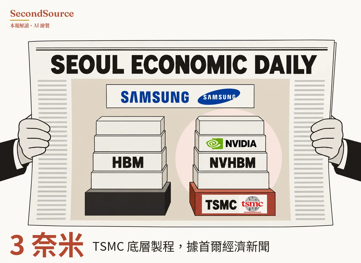 概念插圖:兩隻從深色袖口伸出的淺色手撐開一份報紙,報頭寫著 SEOUL ECONOMIC DAILY,左右兩側是灰色文字線,中間米色版面上方的白色橫幅印著兩個 SAMSUNG,一個是藍字,一個是藍色橢圓裡的白字。下方並排兩疊白色方塊,每疊四塊:左疊有一塊寫著 HBM,放在黑色底座上;右疊襯著一個淡粉紅色圓形,其中兩塊分別寫著 NVIDIA(旁有綠色圖案)和 NVHBM,放在磚紅色底座上,底座的白色標籤寫著 TSMC 和 tsmc。