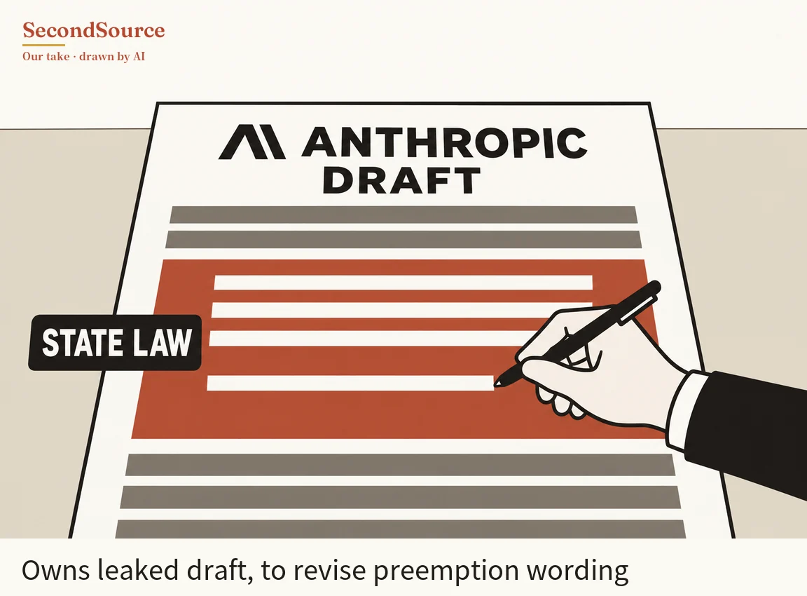 Concept illustration: a large white sheet on a light beige background has a black angular mark and the lettering ANTHROPIC DRAFT at the top, with grey bars above and below a brick-red block that holds four white lines. A black tag lettered STATE LAW overlaps the sheet's left edge beside the red block, and from the right a hand in a black sleeve with a white cuff holds a black pen whose tip touches the end of the lowest white line.