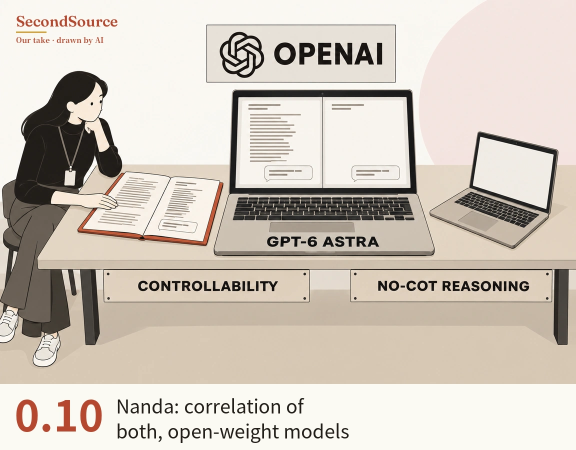 Concept illustration: a large open laptop sits in the middle of a long beige table, its screen split into two panes of text lines with a speech bubble in each and its base lettered GPT-6 ASTRA. Above it hangs a sign with a knot-shaped emblem and the lettering OPENAI, a smaller laptop with a plain white screen stands to its right, and an open red-covered book with text lines and a speech bubble lies to its left; a person with long dark hair, a black top and a lanyard badge sits on a stool at the left with chin in hand and one hand on the book, and two plaques on the front of the table read CONTROLLABILITY (left) and NO-COT REASONING (right).