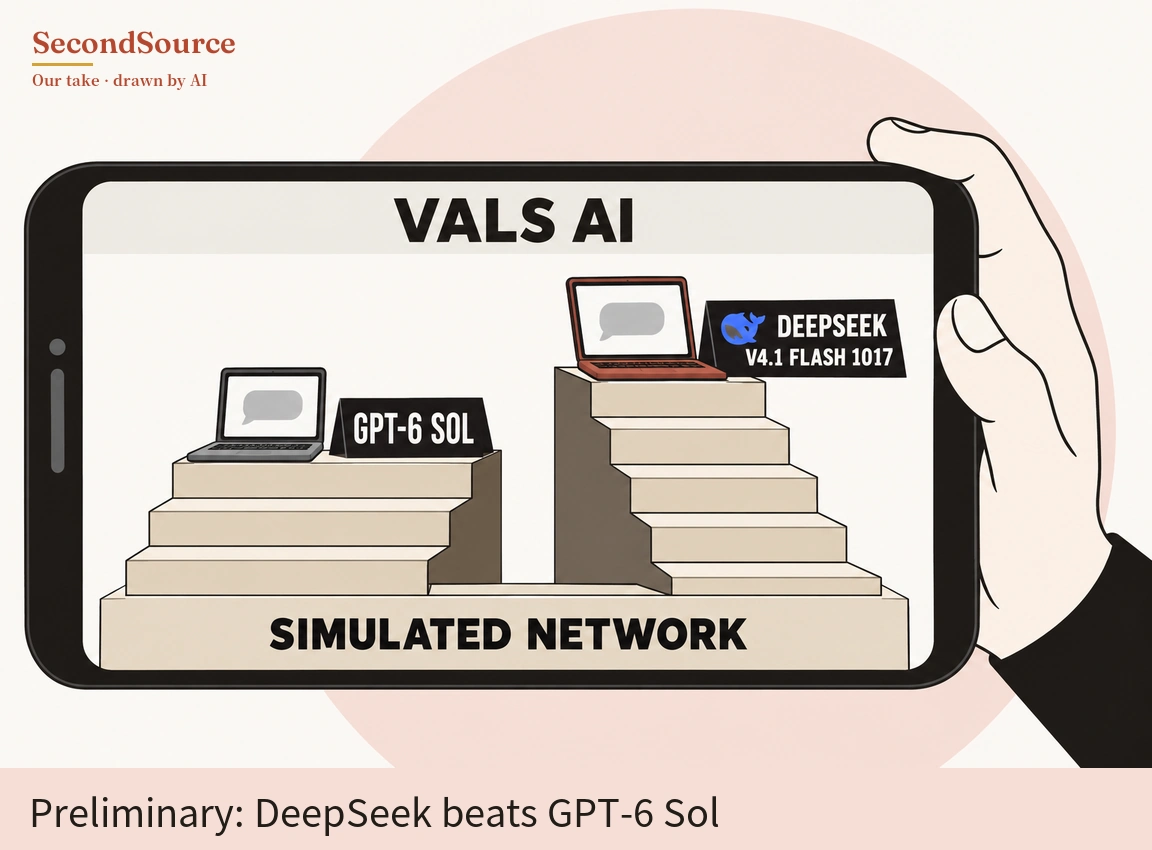 Concept illustration: a hand at right holds a smartphone sideways in front of a pale pink circle, and on its screen, under a header lettered "VALS AI", two staircases stand on a long base lettered "SIMULATED NETWORK". On top of the shorter left staircase are a grey laptop showing a grey speech bubble and a black sign lettered "GPT-6 SOL"; on top of the taller right staircase are a reddish-brown laptop showing a grey speech bubble and a black sign with a small blue whale icon, lettered "DEEPSEEK V4.1 FLASH 1017".