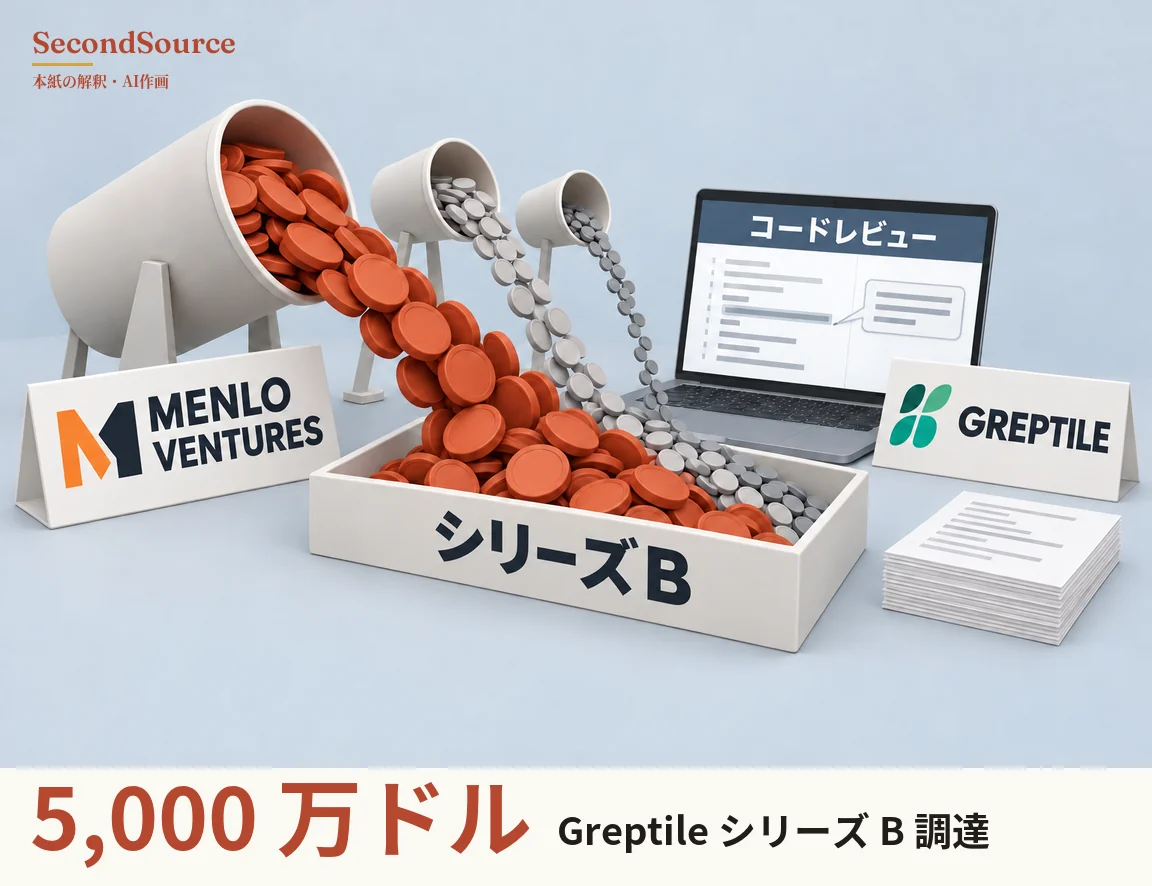 コンセプトイラスト。淡い青灰色の背景の左側で、台に載った大きな白い円筒が傾いて橙赤色の大きな円盤を太い流れで注ぎ出し、その奥の小さな白い円筒二つからは、より細い流れで小さな灰色の円盤がこぼれ落ちて、どれも手前中央の「シリーズB」と書かれた白い箱に積み重なっている。左には橙色と濃紺の角ばったマークに MENLO VENTURES と書かれた立て札、右奥には画面上部に「コードレビュー」とあり、その下に灰色の線と吹き出しが並ぶノートパソコンがあり、そのすぐ右のやや手前には緑の四枚花弁のマークに GREPTILE と書かれた立て札、右下には灰色の線が印刷された紙の束がある。