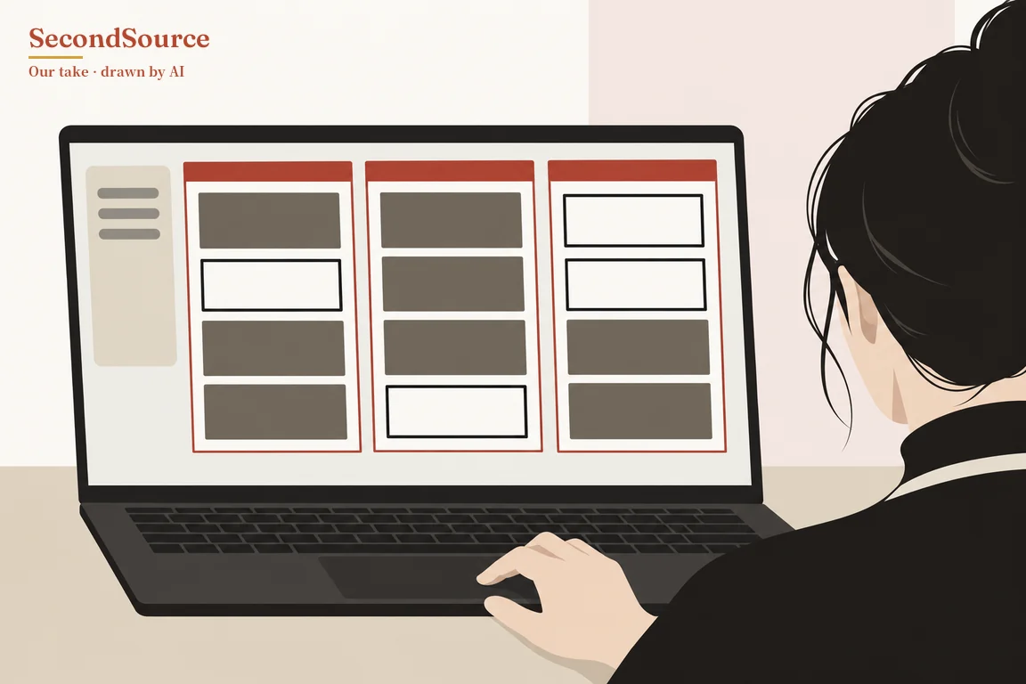 Concept illustration: against an off-white and pale pink wall, a dark grey laptop sits on a beige desk, and on the right a person seen from behind, with dark hair in a bun and a black top, rests one hand on its trackpad. The screen shows a narrow left panel with three grey lines beside three red-outlined columns with red header bars, each column holding four rectangles, some solid dark grey and some white with black borders.