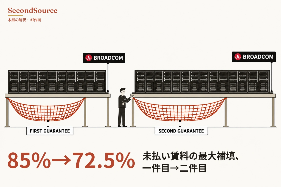 コンセプトイラスト:柱で支えられた二つの台が左右に並び、それぞれに黒いサーバーラックが一列に載っていて右の列のほうが長く、各列の右端では細い棒が BROADCOM と書かれた黒い看板を掲げている。各台の下には赤いネットが左端の柱から内側の柱まで張られて台の右端の下にはネットがなく、ネットの最下部は短い線で地面の線より下のラベルにつながり、左は FIRST GUARANTEE、右は SECOND GUARANTEE と書かれ、二つの台の間には濃い色の服を着て胸に名札を下げた人物が立ち、両手で右のネットの左上の角をつかんでいる。