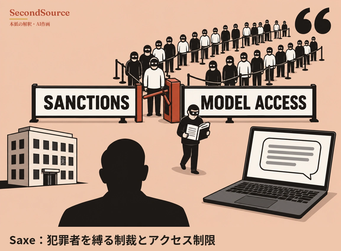 コンセプトイラスト。淡いピーチ色の背景に、黒いアイマスクを着けた人物の長い列がロープの仕切りに沿って蛇行し、「SANCTIONS」と「MODEL ACCESS」と書かれた2枚のバリアパネルの間にある赤い回転式ゲートへと続いている。ゲートを通り抜けたマスク姿の人物が1人、開いた冊子を読みながら歩いている。画面下の中央には人の頭と肩の黒いシルエットがあり、左には窓が1枚ひび割れた複数階建ての建物、右には横線入りの吹き出しが画面に映った開いたノートパソコン、右上の隅には大きな黒い引用符がある。
