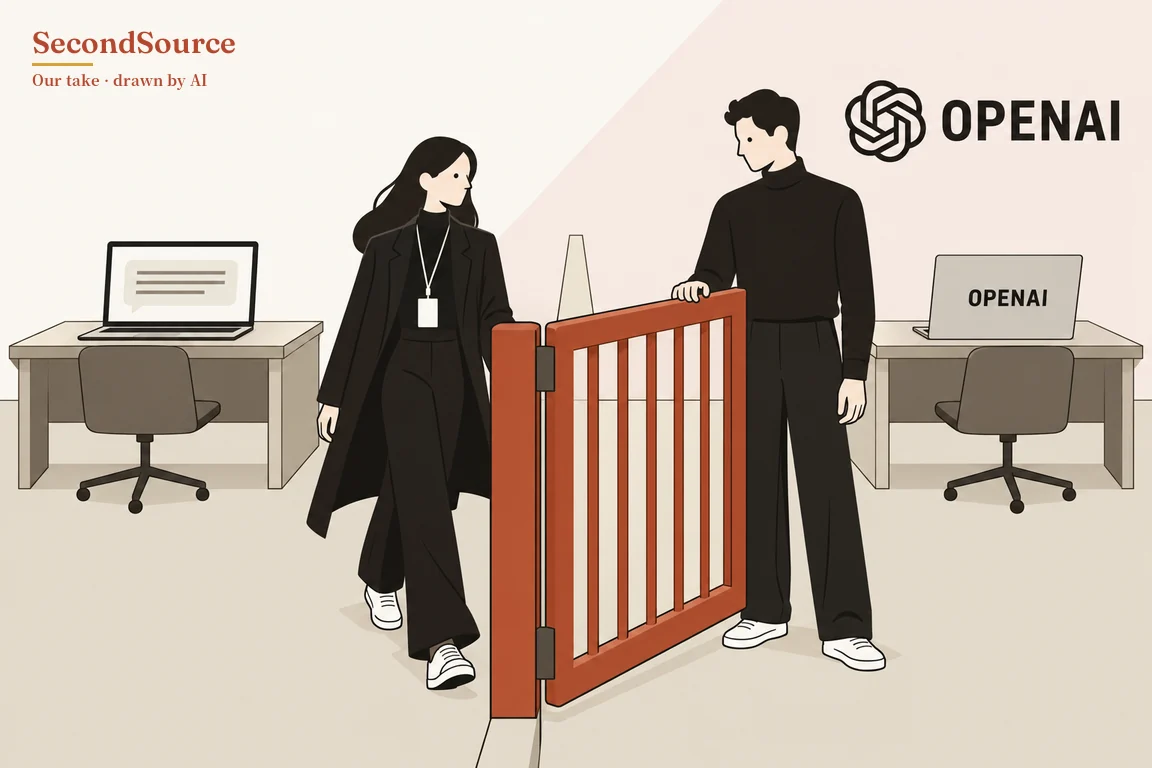 Concept illustration: in the centre, an orange-red gate with vertical bars is fixed to a post by two dark hinges and stands at an angle, with a tall, narrow pale cone behind it; on the left of the post, a person with long dark hair walks forward in a long black coat, black trousers and white sneakers, with a white card on a lanyard, while on the right another person with short dark hair, in a black turtleneck, black trousers and white sneakers, rests one hand on top of the gate and looks down toward them. Against a light wall and floor, the left desk holds a laptop whose screen shows a speech bubble with grey lines, and the right desk holds a laptop facing away, its lid lettered OPENAI; each desk has a grey office chair, and the upper right of the wall shows an interlaced knot-like symbol beside large lettering reading OPENAI.