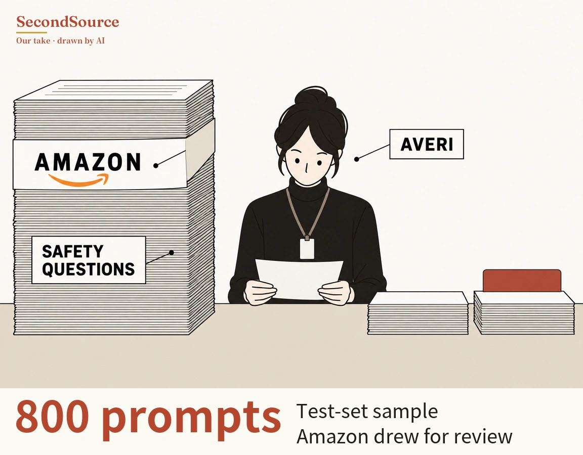 Concept illustration: on the left of a desk stands a tall stack of papers wrapped by a band lettered "AMAZON" with an orange curved line under the letters, and a label reading "SAFETY QUESTIONS" points to the stack by a line; in the centre a person with dark hair in a bun, a black turtleneck and a badge on a lanyard holds a sheet of paper in both hands, with a label reading "AVERI" pointing to them by a line. On the right of the desk are two shorter stacks of papers, the rightmost one topped by an upright red rectangular block.