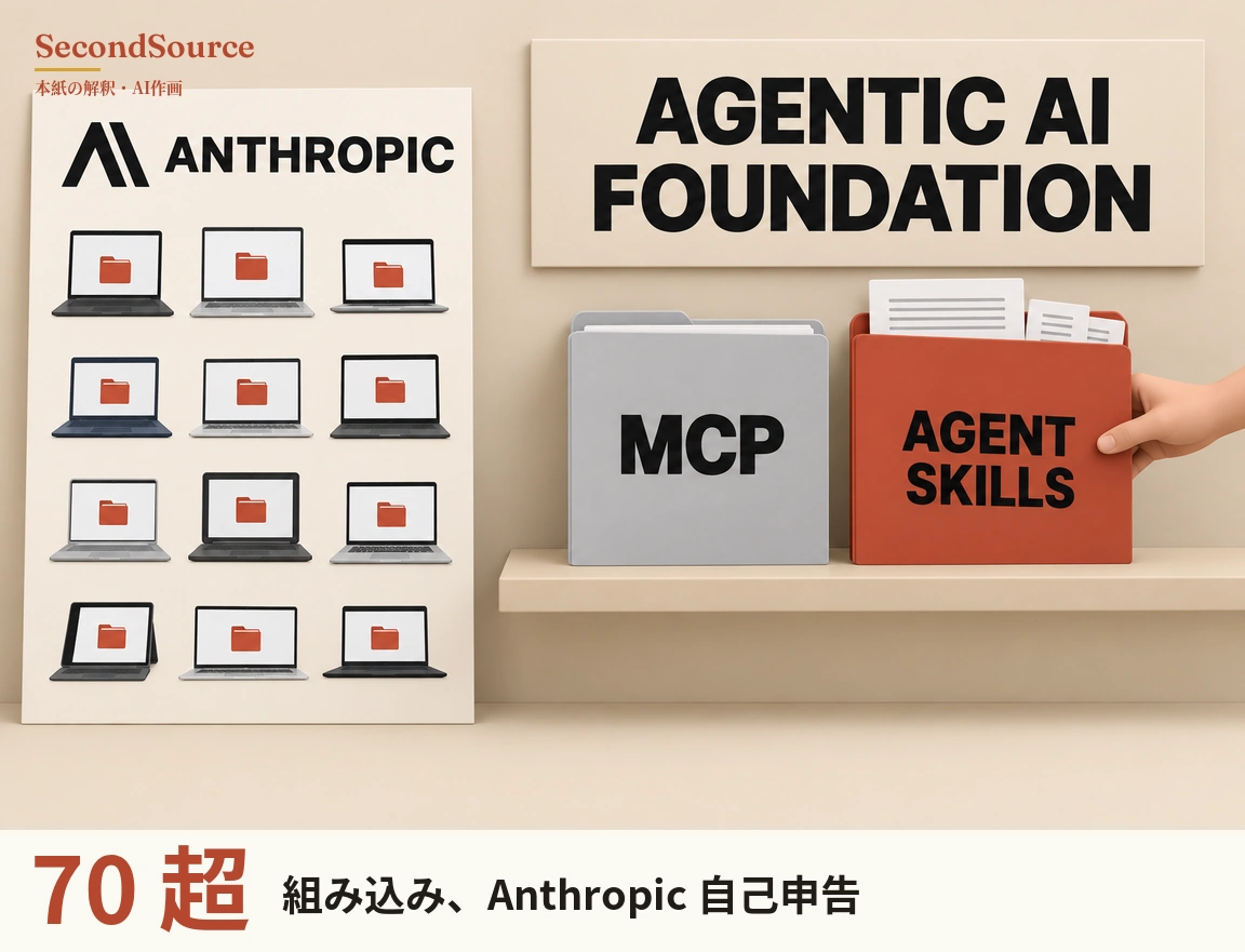 コンセプトイラスト:左側に立てたクリーム色のボードがあり、上部に黒い角ばった図形と ANTHROPIC の文字、その下にノートパソコン12台が3台ずつ4段に並び、どの画面にも赤いフォルダのアイコンが表示されている。右側には AGENTIC AI FOUNDATION と書かれた壁の看板があり、その下の棚に MCP と書かれた灰色のフォルダと AGENT SKILLS と書かれた赤いフォルダが並び、どちらも上端から紙がのぞいていて、画面の右端から伸びた手が赤いフォルダを持っている。
