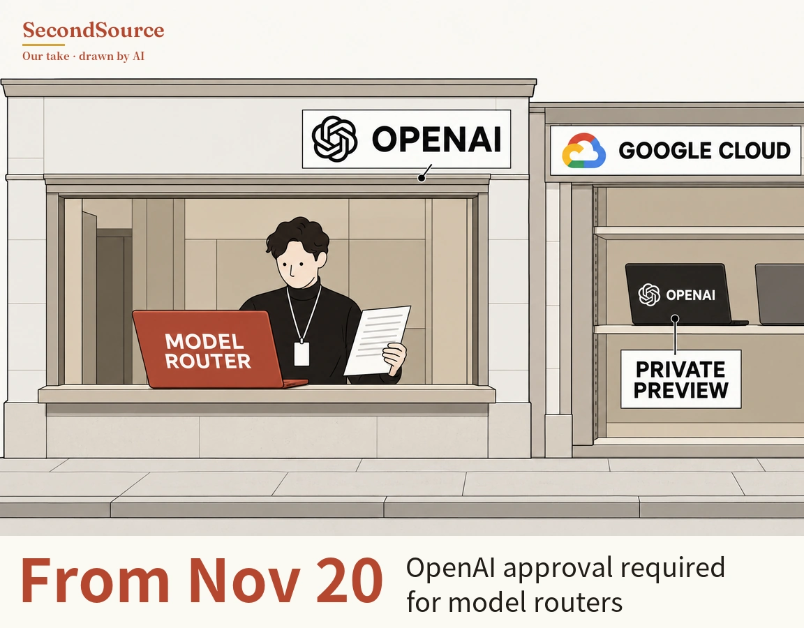 Concept illustration of two adjoining shopfronts on a pavement: on the left, under a sign lettered OPENAI with a knot-shaped emblem, a person with dark curly hair, a black turtleneck and a lanyard badge stands behind a service-window counter holding a sheet of paper marked with grey lines, with a red laptop lettered MODEL ROUTER on the counter in front of them. On the right, under a sign lettered GOOGLE CLOUD with a multicoloured cloud emblem, a shelf holds a black laptop showing a knot-shaped emblem and the word OPENAI, with a short line running from the shelf edge down to a tag lettered PRIVATE PREVIEW, and a grey laptop cut off at the right edge.