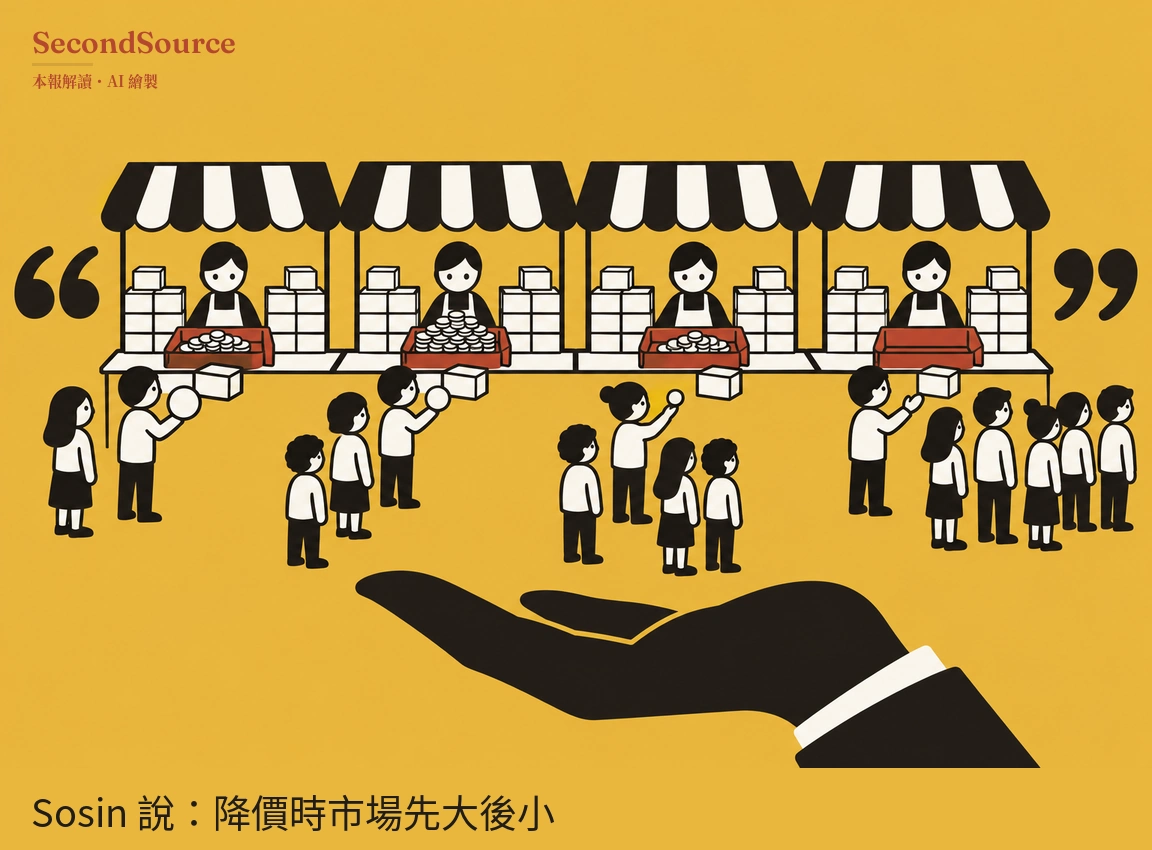 概念插圖:芥末黃底色上並排四個黑白條紋遮棚的市集攤位,每個攤位有一名繫圍裙的攤販站在兩疊白色方盒之間,前方擺著紅色托盤,左邊三個托盤裡堆著硬幣狀的圓片,最右邊的托盤看不到圓片;攤位前有幾小群排隊的人,有人舉著圓片,有人伸手接白色方盒,最右邊攤位前的隊伍最長。攤位左右兩側各有一個大大的黑色引號,畫面下方有一隻從右下方伸進來、掌心朝上張開的大型黑色剪影手,袖口露出白色襯衫袖邊。