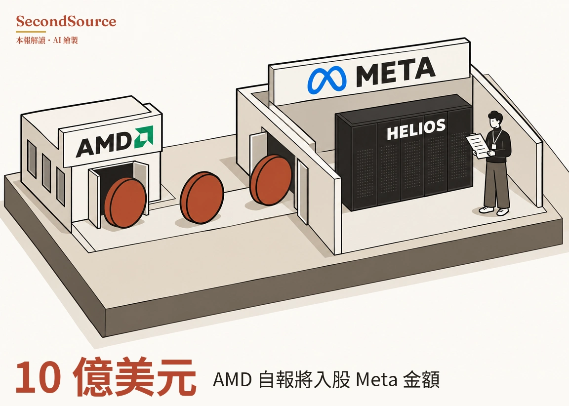 概念插圖：在一個立體的平台上，左側一座小建築掛著寫有「AMD」字樣和綠色角形標記的招牌，雙開門敞開；三枚磚紅色圓盤在地面上排成一列，通往右側一座較大圍牆區的敞開門口。右側招牌上有一個藍色環形符號和「META」字樣，圍牆內立著一座寫有「HELIOS」、由多片帶孔面板組成的高大黑色機櫃，旁邊站著一名戴掛繩的人，手裡拿著一張紙。