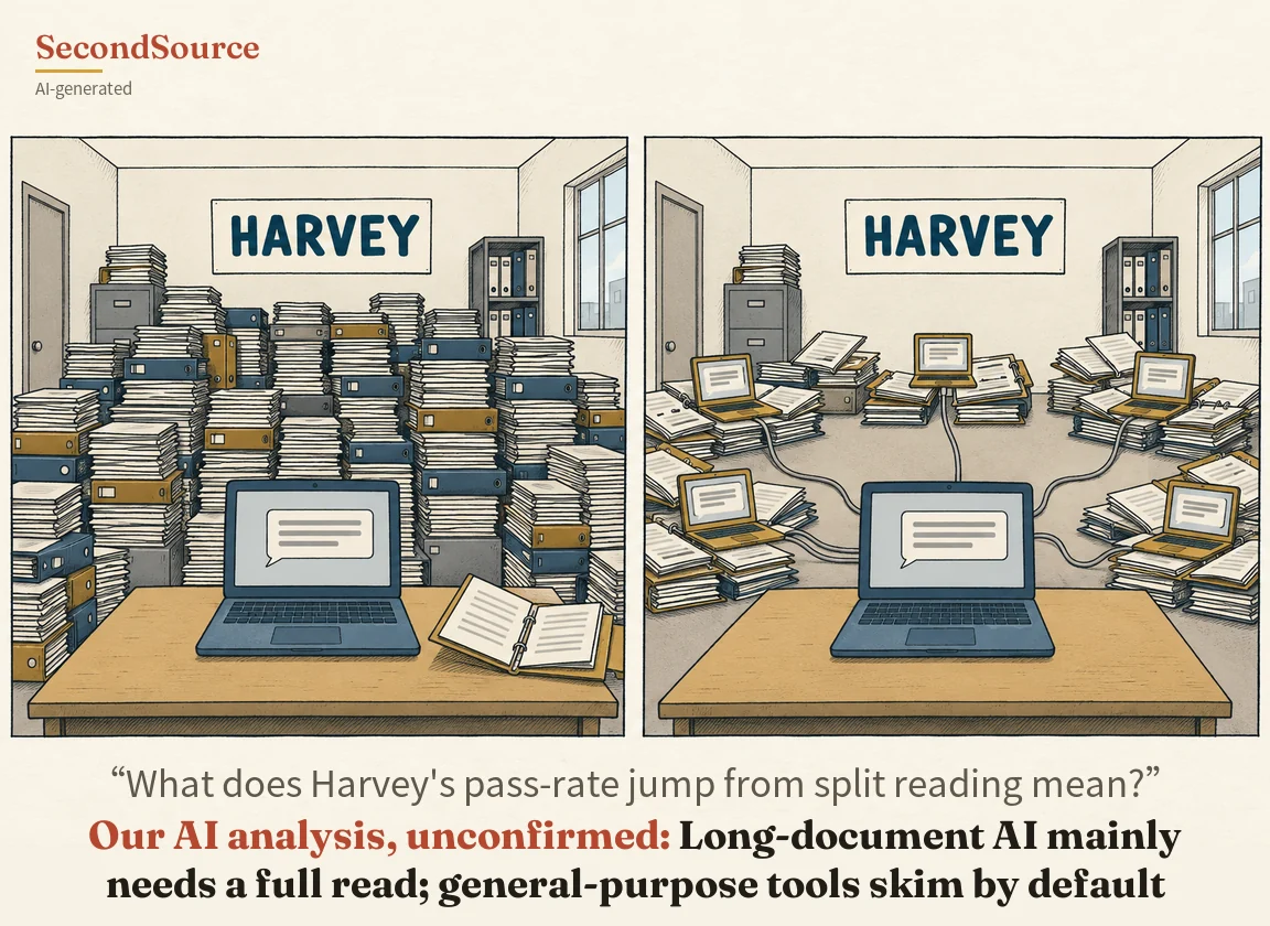 Two-panel concept illustration of the same office. Each panel has a sign lettered HARVEY on the back wall, a closed door on the left, a window looking out on buildings on the right, a gray filing cabinet with a tall stack of papers on top at the back left, and a gray shelf of blue and white binders at the back right. On the left, tall stacks of paper and blue and mustard binders fill the room behind a wooden desk with a blue laptop, whose screen shows a speech bubble with gray lines, next to an open ring binder; on the right, the same blue laptop sits on the desk, connected by gray cables to five smaller mustard-colored laptops with gray lines on their screens, each resting on a pile of papers spread across the gray floor.