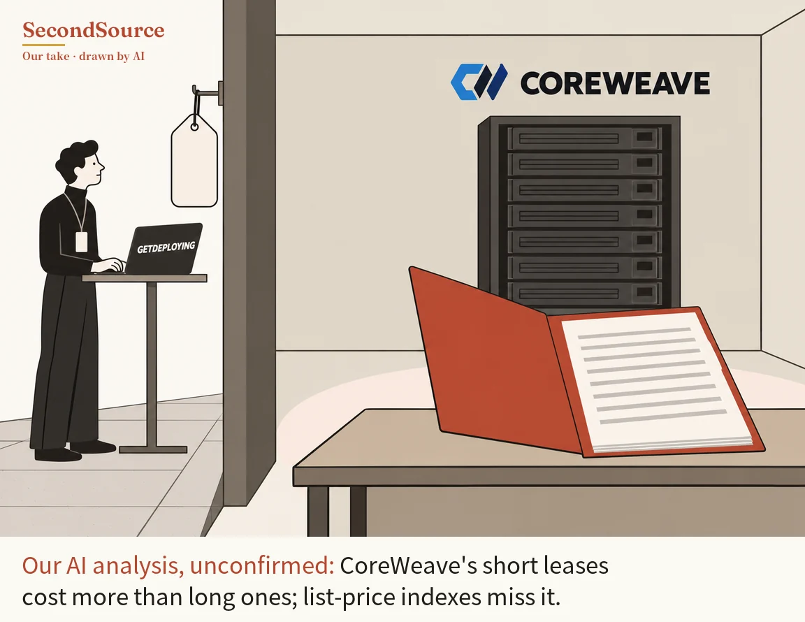 Concept illustration split into two areas by a dark grey wall: on the left, a curly-haired person in black with a lanyard badge stands on a tiled floor, typing at a tall narrow table on a dark laptop lettered GETDEPLOYING and facing a blank tag that hangs from a hook on the wall's edge. On the right, the wall is lettered COREWEAVE beside a blue and navy angular mark, with a dark rack of seven stacked units below it and, on a table in front, an open red-orange folder holding a sheet ruled with grey lines.