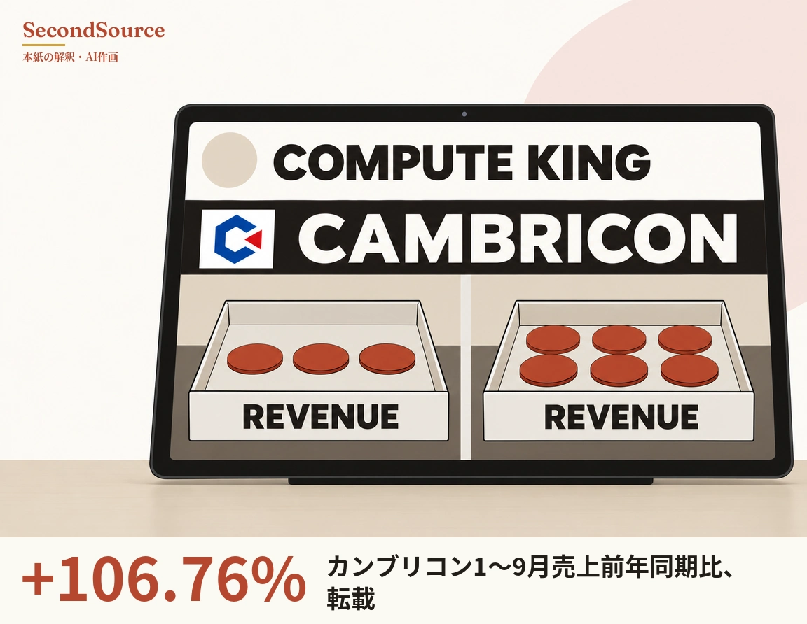 コンセプトイラスト:明るい色の卓上に立てられたタブレットがあり、画面最上部にはベージュの円と「COMPUTE KING」の文字、その下の黒い帯には青と赤の四角いマークと白い「CAMBRICON」の文字がある。画面の下半分は左右二つの区画に分かれ、それぞれに「REVENUE」と書かれた白い浅いトレイが置かれ、左のトレイには赤茶色の円盤が三枚、右のトレイには六枚載っている。