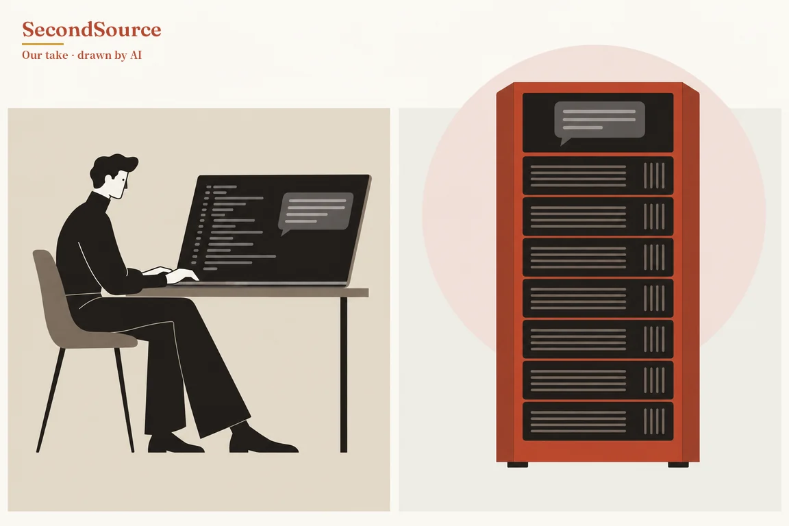 Concept illustration in two side-by-side panels: on the left, against beige, a person in black sits on a chair at a desk typing on a large dark screen that shows rows of indented lines and a speech bubble. On the right, against light grey, a tall red-orange server rack stands in front of a pale pink circle, with a speech bubble on the dark top panel and seven stacked dark units below, each marked with horizontal lines and vertical slots.
