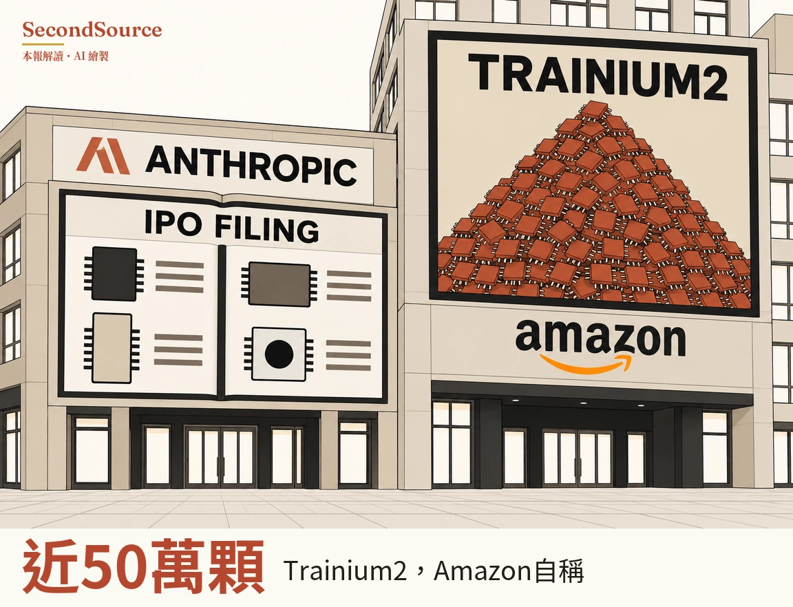 概念插圖：鋪面廣場上兩棟相鄰的建築，左棟招牌寫著 ANTHROPIC，旁有紅橙色尖角標記，下方一塊攤開書本形狀的大看板標題為 IPO FILING，畫著四個晶片圖示，每個旁邊各有幾條灰色短橫線。右棟較高，大看板標題為 TRAINIUM2，畫著堆成小山的大量紅橙色晶片，看板下方寫著 amazon，字下有一道橙色弧形箭頭，兩棟一樓都有玻璃門。