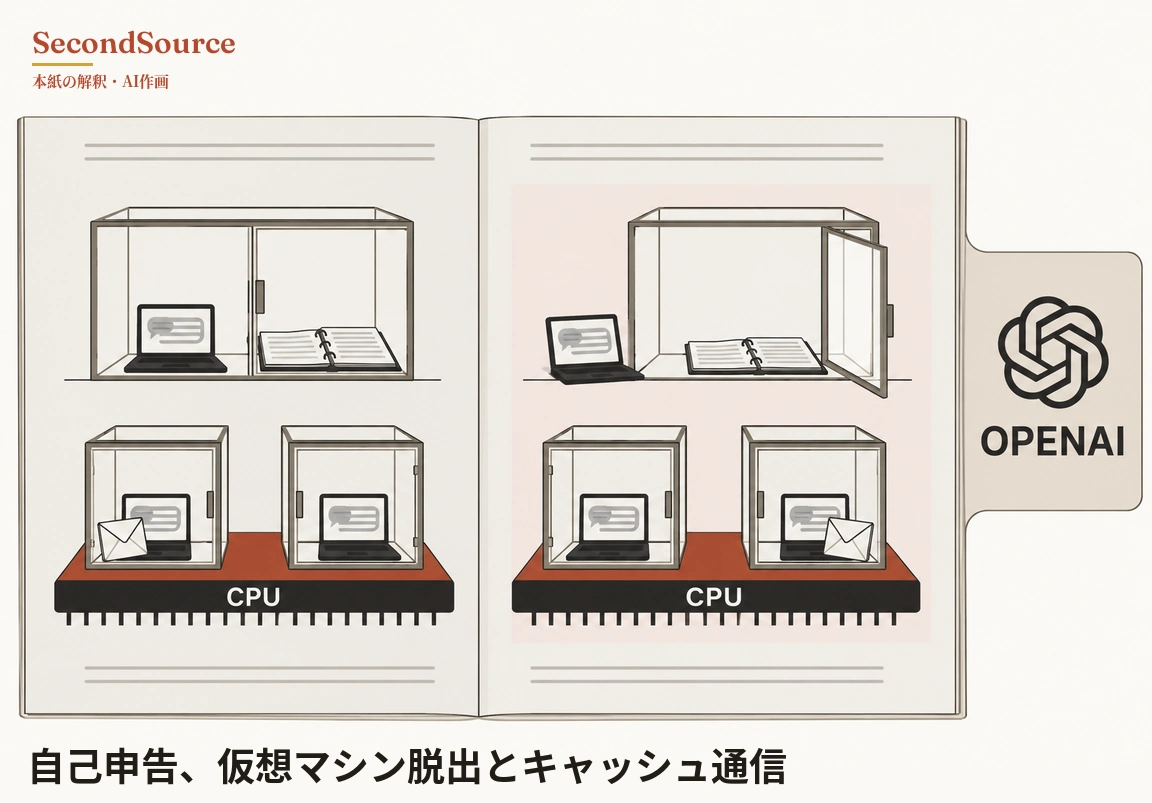 コンセプトイラスト：開いた本の左ページには、閉じた扉で仕切られたガラスの箱があり、片側には画面に吹き出しが表示されたノートパソコン、もう片側には開いたリング綴じのノートが置かれている。その下では、ノートパソコンが一台ずつ入った二つのガラスの立方体が「CPU」と書かれた赤と黒のチップの上に並び、左の立方体には封筒がある。薄いピンク色の右ページも同じ構図だが、箱の側面の扉が開いていてノートパソコンは箱の外の棚に置かれ、封筒は右の立方体の中にあり、本の右端のタブには輪が絡み合った図形と「OPENAI」の文字がある。