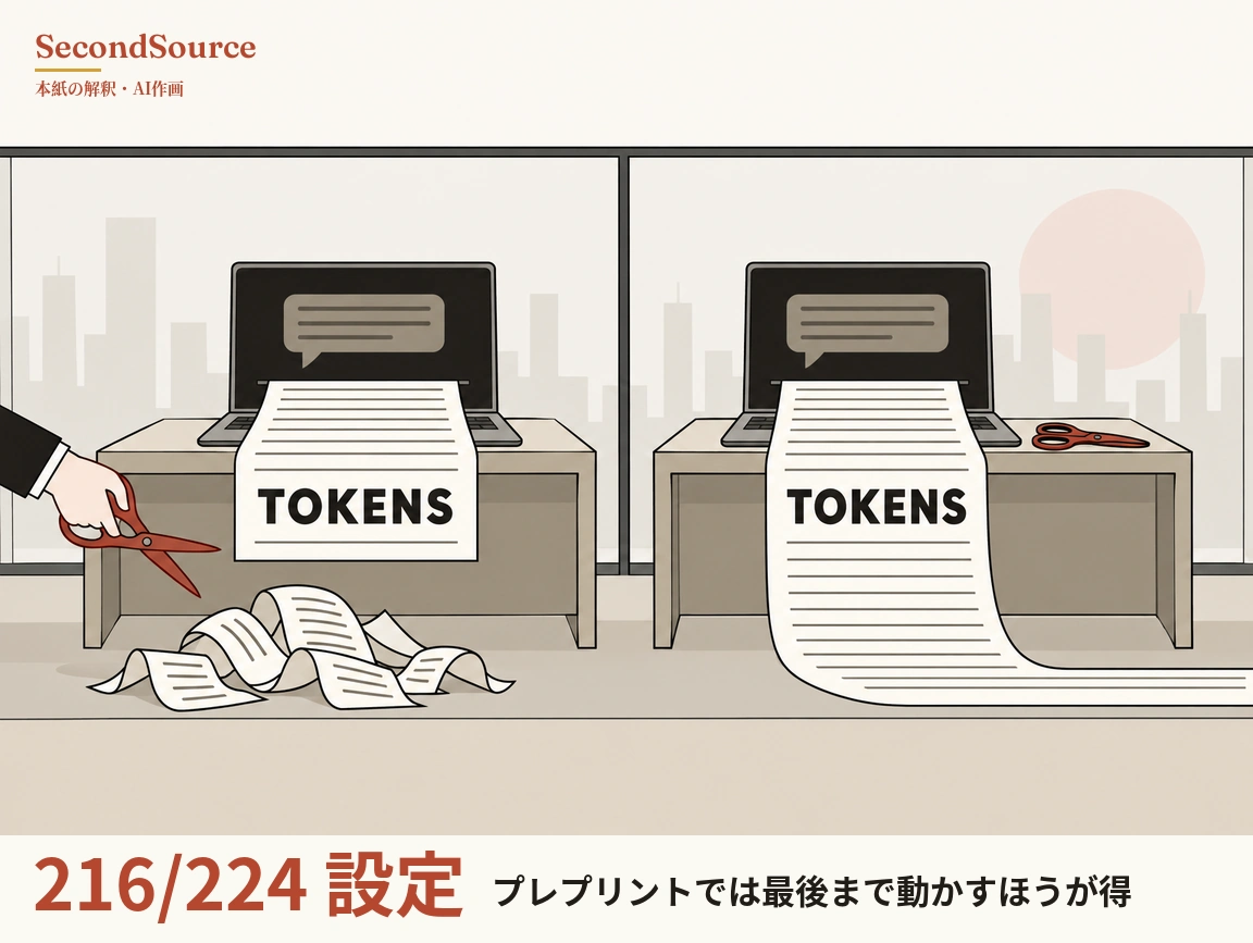 コンセプトイラスト:都市のスカイラインが見える窓の前に机が2台並び、右上には淡いピンクの円があり、各机のノートパソコンは画面に吹き出しを表示し、TOKENS と書かれた紙を送り出している。左側では濃い色のスーツの袖の手が赤いはさみで紙を切り、切れた紙片が床に積み重なっている。右側では紙が切られずに机から床へと長く伸び、机の上のノートパソコンの横に赤いはさみが置かれている。