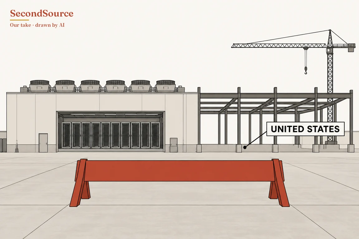 Concept illustration: on the left, a pale flat-roofed building with six round-topped units on its roof has a wide open bay showing a row of ten tall grilled cabinets, with a small door to its left and a small panel to its right; to its right stands a bare steel frame of columns and beams on concrete footings, with a tower crane and its hanging hook behind it and a label box lettered UNITED STATES whose line points to a dot at the frame's base. In the foreground, a large red-orange barricade, a single beam on two splayed A-shaped legs, stands on the pale grey paving in front of both the building and the frame.