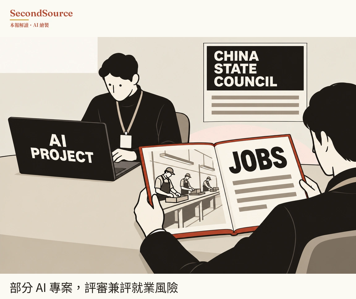 概念插圖:左側一名深色頭髮、穿黑色上衣、頸掛識別證的人坐在桌前操作筆記型電腦,電腦上蓋寫著「AI PROJECT」;後方牆上掛著一塊寫有「CHINA STATE COUNCIL」的告示,字下有數條灰色橫線。右前方一名穿深色西裝、背對畫面的人雙手拿著一本打開的紅色封面書,左頁畫著三名戴帽、繫圍裙的工人在長工作台旁處理紙箱,右頁寫著「JOBS」,下方有灰色橫線。