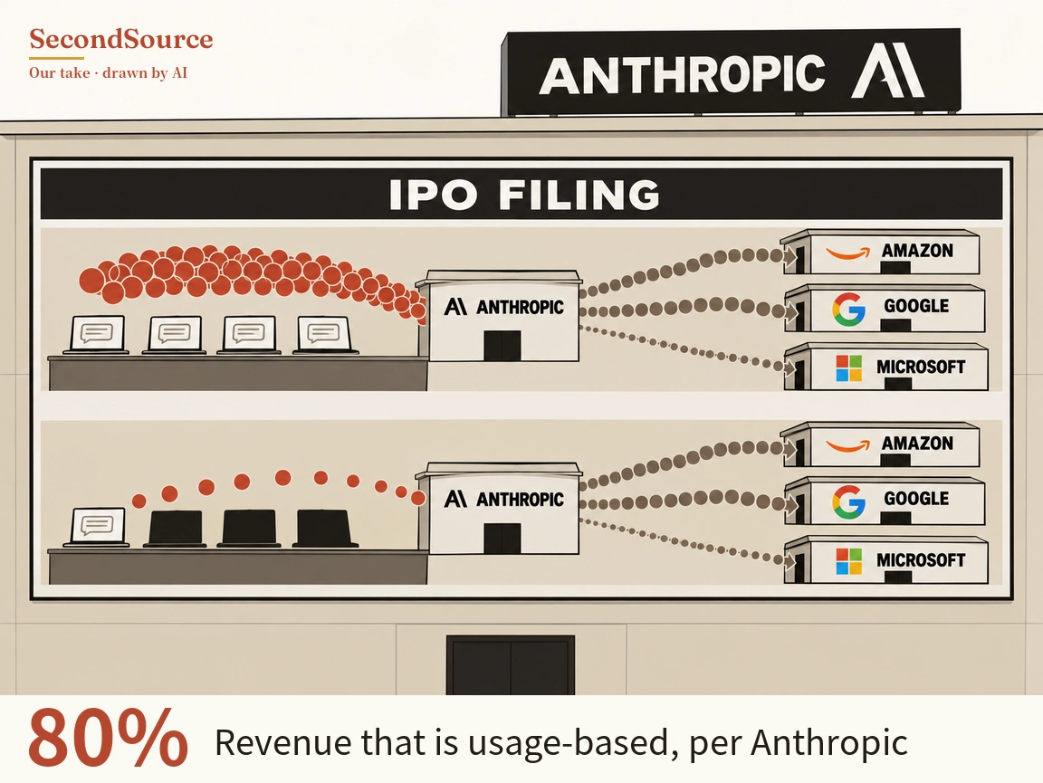 Concept illustration: a building topped by a black sign lettered ANTHROPIC has a large wall panel headed IPO FILING, split into two rows; in the top row, four laptops showing speech-bubble icons sit on a counter at left, and a dense stream of many red dots flows from them into a small central building lettered ANTHROPIC, from which three arrowed lines of grey dots run to three small buildings at right lettered AMAZON, GOOGLE and MICROSOFT. The bottom row repeats the layout, but only one laptop shows a speech-bubble icon while the other three have dark screens, and only a sparse line of a few red dots reaches the ANTHROPIC building, while the same three grey dotted lines still run to AMAZON, GOOGLE and MICROSOFT.