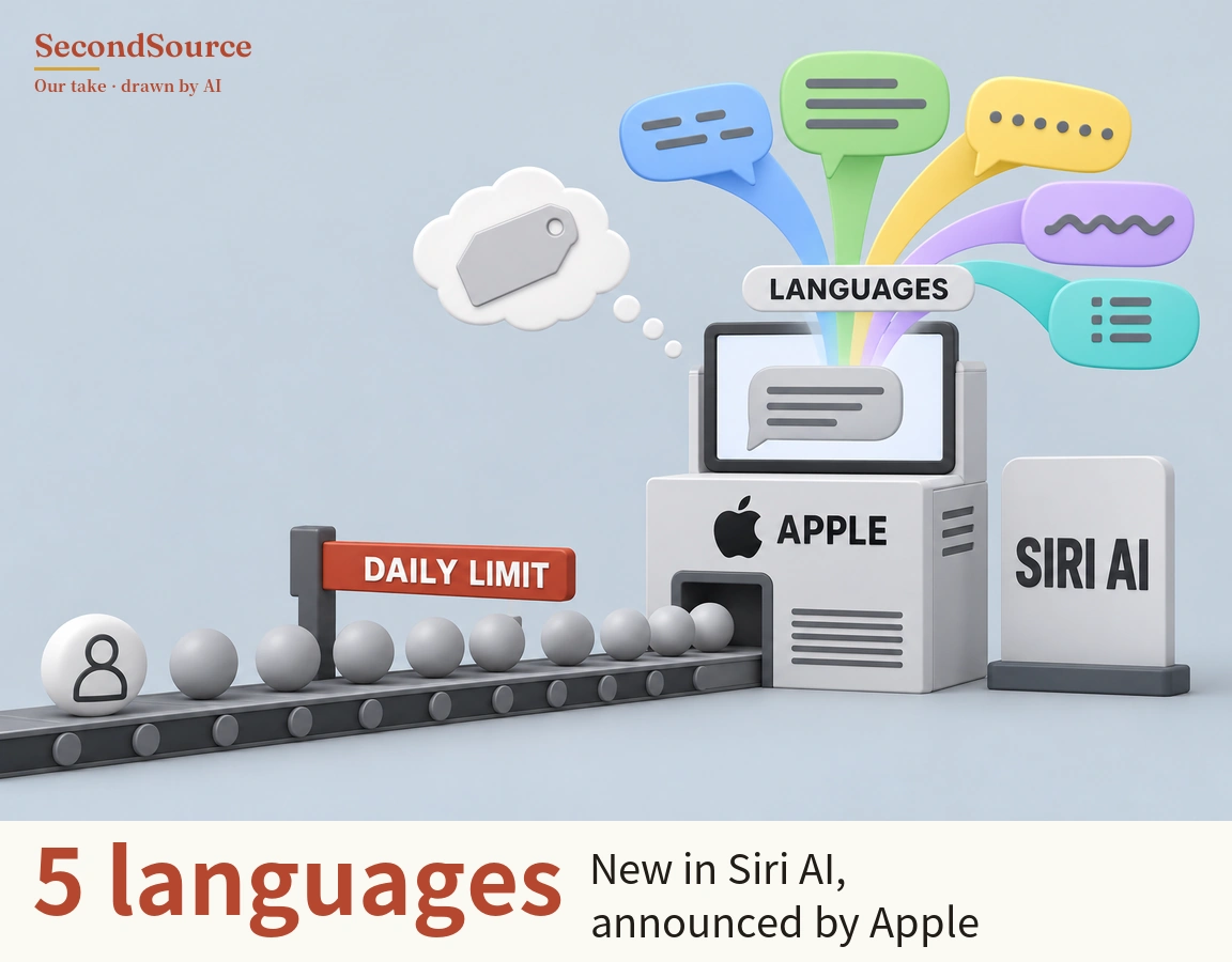 Concept illustration: on a light grey-blue background, a conveyor belt at lower left carries a white ball marked with a person icon and a row of grey balls into an opening at the base of a white box, and above the belt a post holds a red sign lettered DAILY LIMIT. The box shows an apple-shaped symbol and the lettering APPLE, and to its right stands a light grey slab on a dark base lettered SIRI AI. On top of the box a screen shows a grey speech bubble, with a label lettered LANGUAGES above it. Five ribbons in blue, green, yellow, purple and teal rise from the screen, each to a speech bubble of the same colour with line, dot or wave marks, while at upper left a thought cloud, linked to the screen by small dots, holds a blank grey tag.