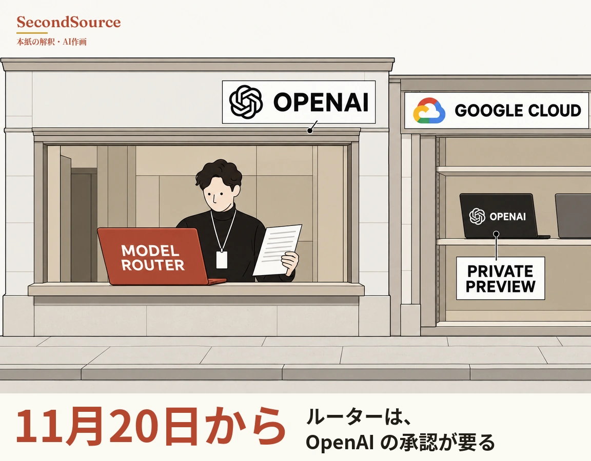コンセプトイラスト：歩道沿いに二つの店先が並び、左の店の結び目のような紋章と OPENAI の文字が入った看板の下、窓口カウンターの奥に、黒い巻き毛で黒いタートルネックを着て名札を首から下げた人物が立ち、灰色の線が数本入った紙を一枚持っていて、カウンターには MODEL ROUTER と書かれた赤いノートパソコンがある。右の店には多色の雲の紋章と GOOGLE CLOUD の文字が入った看板があり、棚には結び目のような紋章と OPENAI の文字が入った黒いノートパソコンが置かれ、棚の縁から短い線が下の PRIVATE PREVIEW と書かれた札まで伸びていて、右端には一部だけ見える灰色のノートパソコンがある。