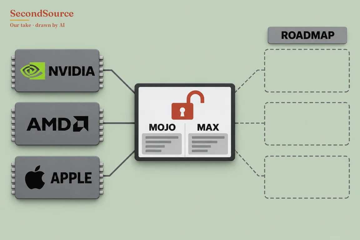 Concept illustration on a pale green background: on the left, three grey chips lettered NVIDIA, AMD and APPLE, each with an emblem beside the word, are joined by solid lines to a dark-framed central panel showing a red open padlock above two columns headed MOJO and MAX, each with a grey box of placeholder lines. On the right, a grey plate lettered ROADMAP sits above three empty dashed-outline boxes, each linked to the panel by a dashed line.