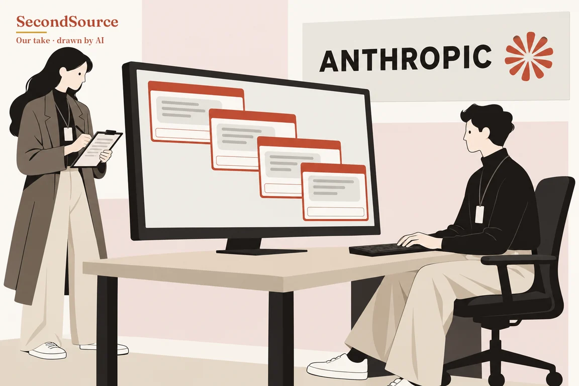 Concept illustration: a large monitor on a beige desk shows four overlapping windows stepped down to the right, each with a red title bar, grey text lines and a blank bar at the bottom. On the right, a person in a black turtleneck sits in a black office chair typing on a keyboard, while on the left a person in a long grey-brown coat stands holding a clipboard and pen; both wear lanyard badges, and a wall sign at upper right is lettered ANTHROPIC with a red starburst mark to its right.