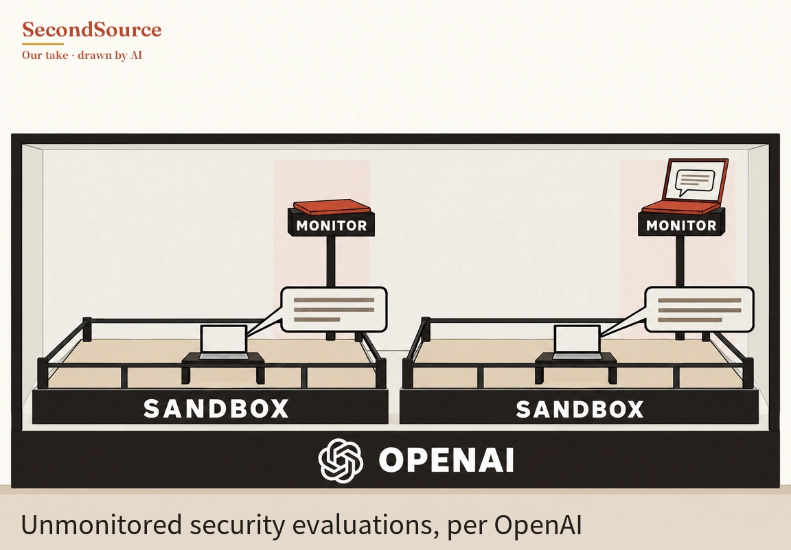 Concept illustration: a long black-framed display case sits on a base lettered OPENAI with an interlaced knot-like symbol beside the lettering, and inside it two railed platforms with sandy floors stand side by side, each with a front panel lettered SANDBOX. On each platform a small laptop sits on a low black table with a speech bubble of grey lines attached to it, and behind each platform a post in front of a pale pink rectangle holds a black sign lettered MONITOR topped by a red laptop, closed on the left and open on the right with a speech bubble on its screen.